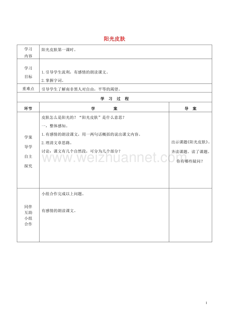 2015秋六年级语文上册《阳光皮肤》导学案 北师大版.doc_第1页