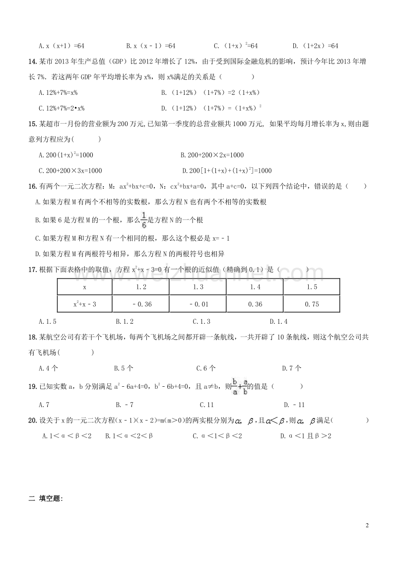 【名师点睛】天津市2017年中考数学一轮专题复习 一元二次方程综合复习.doc_第2页