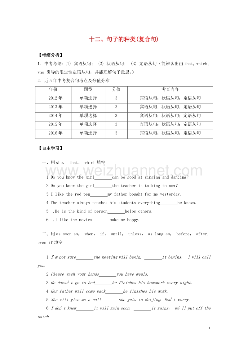 2017年中考英语突破复习（第一部分 语法专项）十二 句子的种类（复合句）导学案.doc_第1页