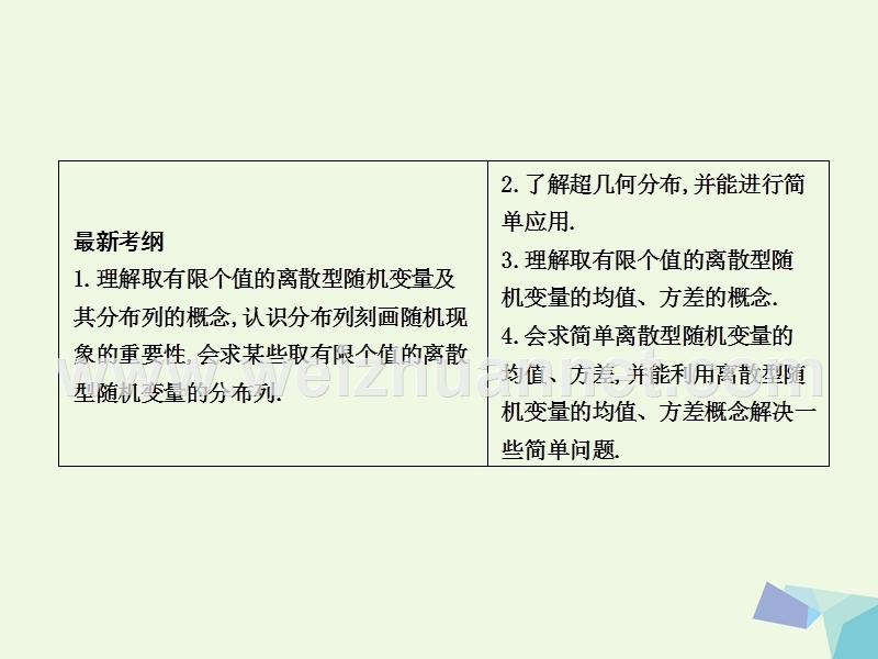 2017届高三数学一轮复习第十一篇计数原理、概率、随机变量及其分布第6节离散型随机变量的分布列及均值与方差课件理(一).ppt_第2页