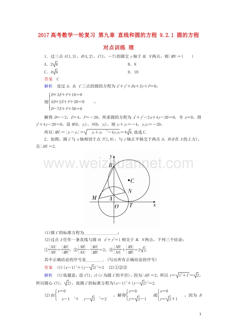 2017届高考数学一轮复习第九章直线和圆的方程9.2.1圆的方程对点训练理.doc_第1页