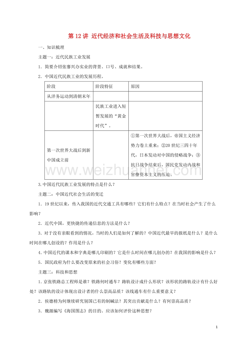 2017年中考历史一轮专题复习近代经济和社会生活及科技与思想文化导学案.doc_第1页