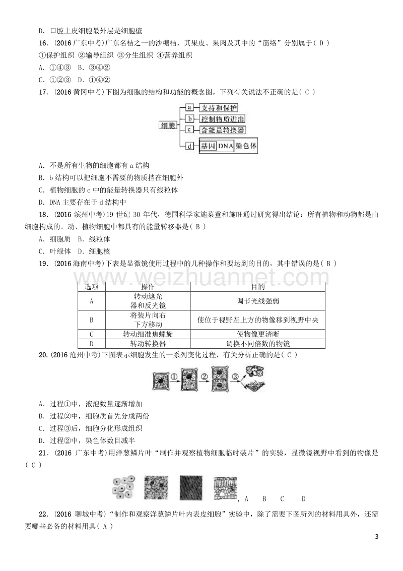 【中考命题研究】（怀化专版）2017年中考生物 教材知识梳理 第二单元 生物体的结构层次 第一讲 细胞是生命活动的基本单位精练.doc_第3页