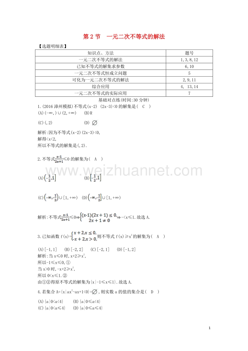 2017届高三数学一轮复习第七篇不等式第2节一元二次不等式的解法基础对点练理.doc_第1页