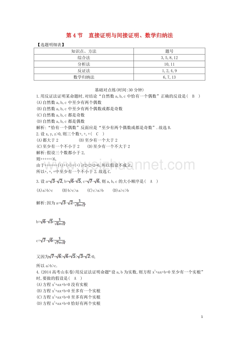 2017届高三数学一轮复习第十二篇复数、算法、推理与证明第4节直接证明与间接证明、数学归纳法课时训练理.doc_第1页