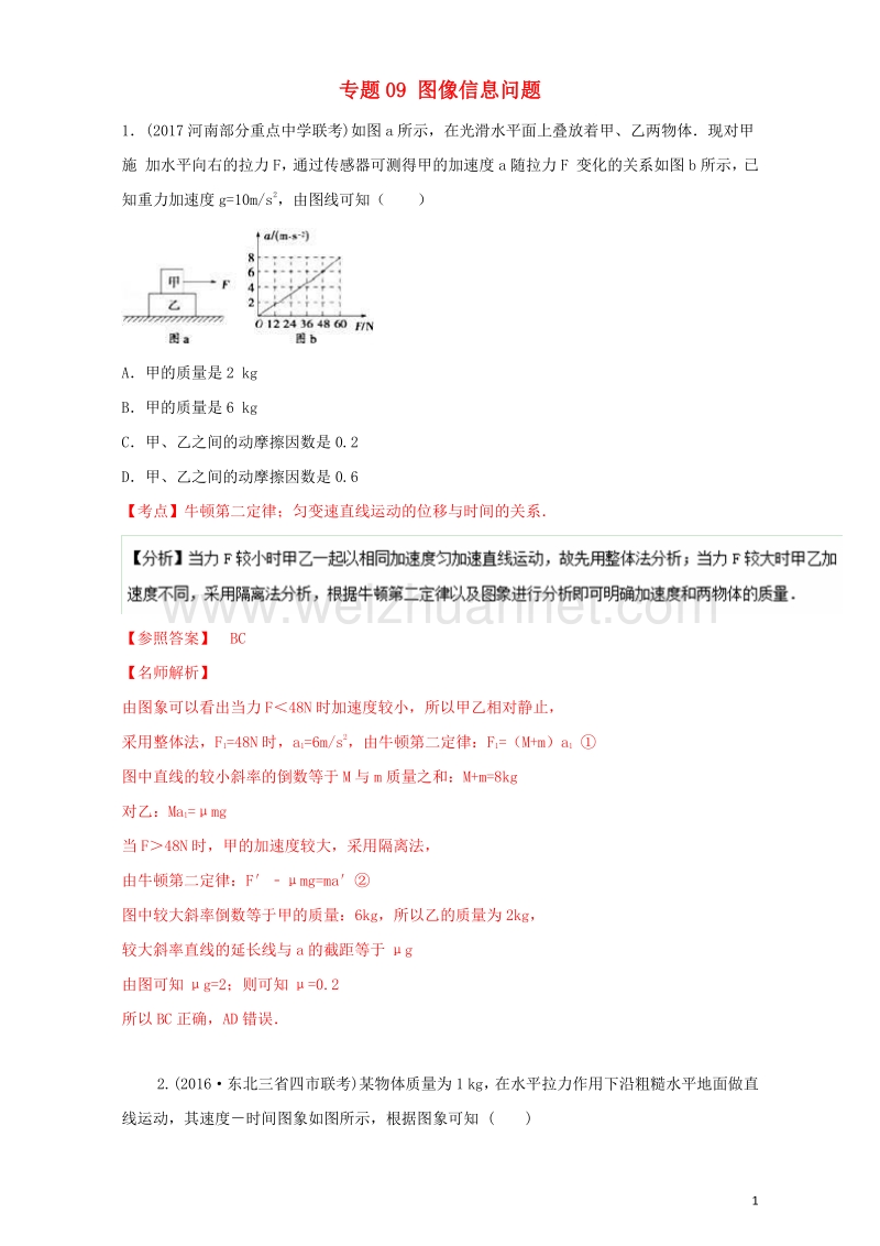 2017届高考物理最新模拟题精选训练（牛顿运动定律）专题09图像信息问题（含解析）.doc_第1页