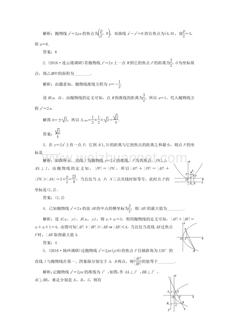 2017届高三数学一轮总复习第九章平面解析几何第七节抛物线课时跟踪检测理.doc_第2页