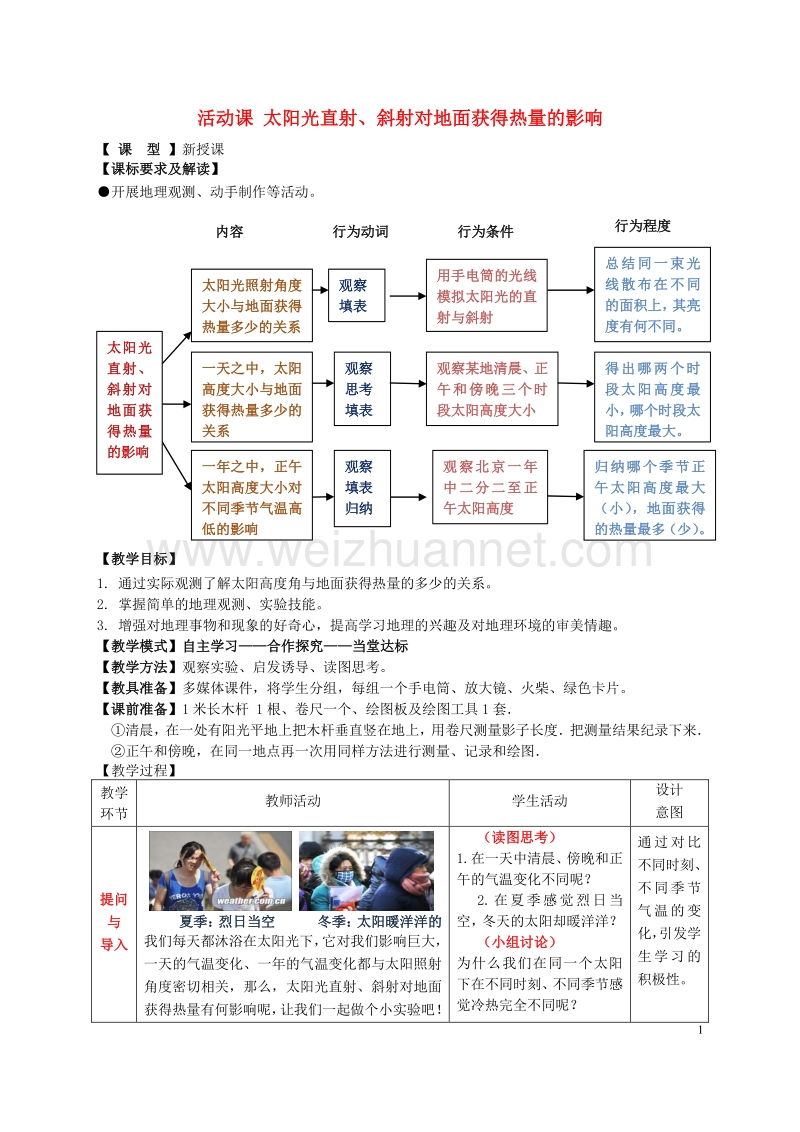 2017年七年级地理上册 第一章 地球 太阳光直射、斜射对地面获得热量的影响教学案（无答案）（新版）商务星球版.doc_第1页