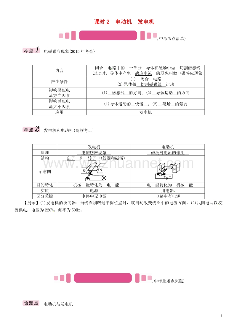 2017届中考物理总复习 第一编 教材知识梳理 第十六讲 电与磁 课时2 电动机 发电机试题.doc_第1页