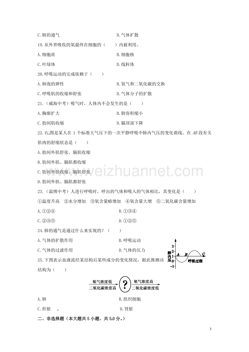 2017年七年级生物下册 第三章 人体的呼吸检测卷 新人教版.doc_第3页