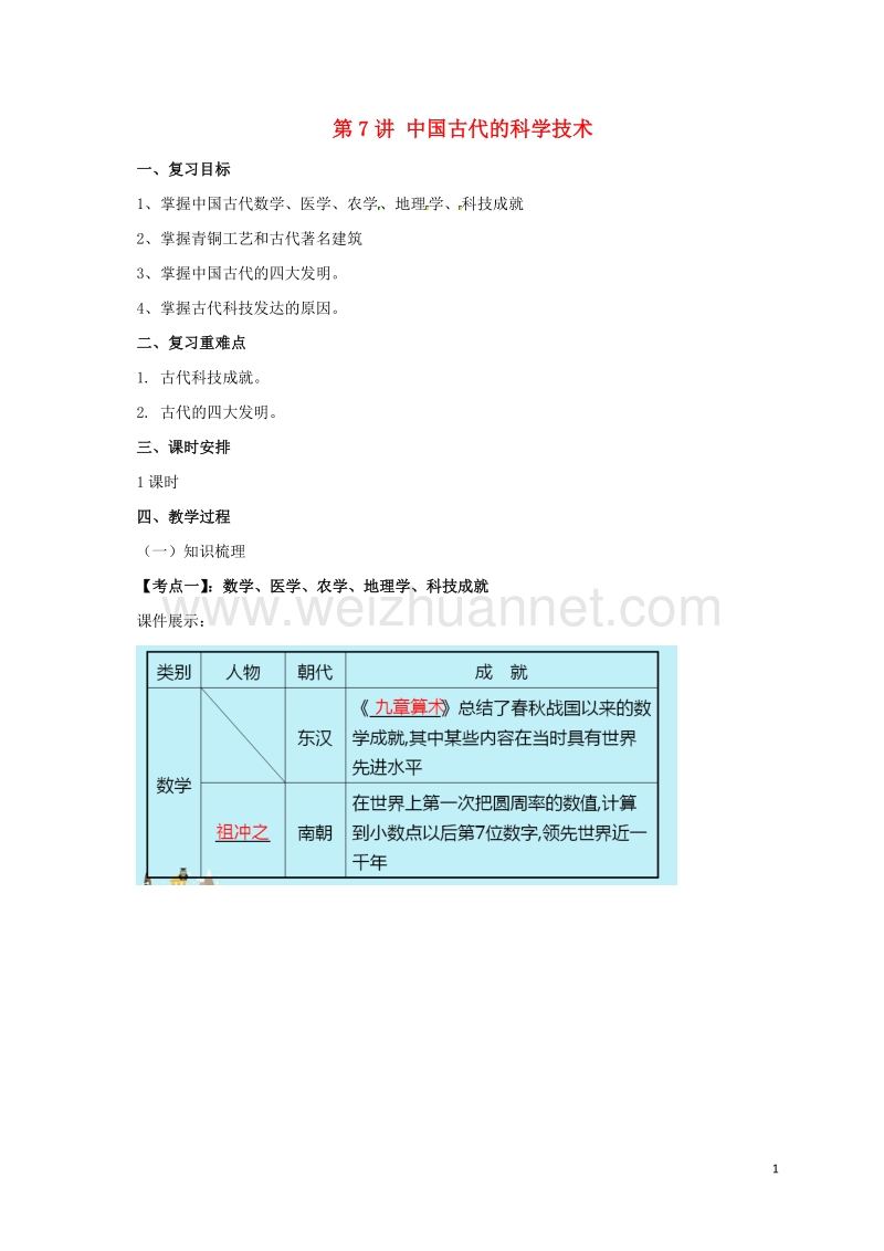 2017年中考历史一轮专题复习中国古代的科学技术教案.doc_第1页