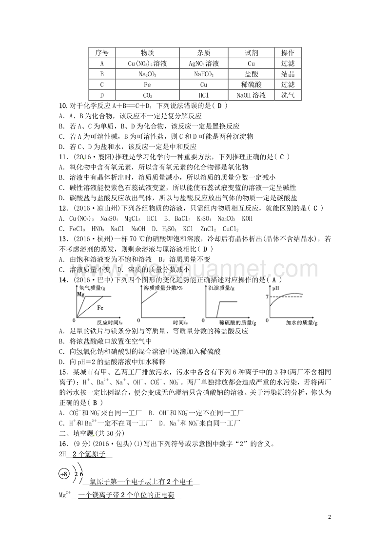 【原创新课堂】2017年春九年级化学下册 第十一单元 盐 化肥检测题 （新版）新人教版.doc_第2页