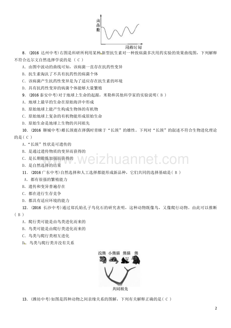 【中考命题研究】（怀化专版）2017年中考生物 教材知识梳理 第七单元 生物圈中生命的延续和发展 第三讲 生命起源和生物进化精练.doc_第2页