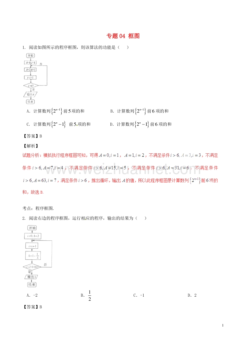 2017届高考数学（第02期）小题精练系列专题04框图理（含解析）.doc_第1页