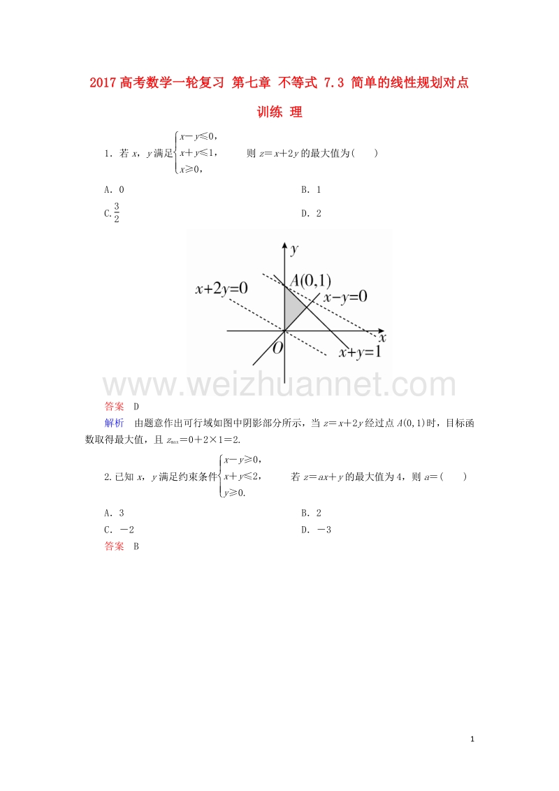 2017届高考数学一轮复习第七章不等式7.3简单的线性规划对点训练理.doc_第1页