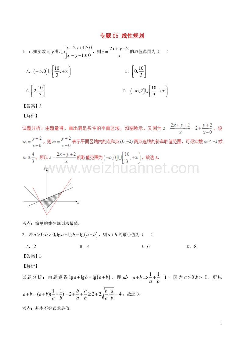 2017届高考数学（第02期）小题精练系列专题05线性规划理（含解析）.doc_第1页