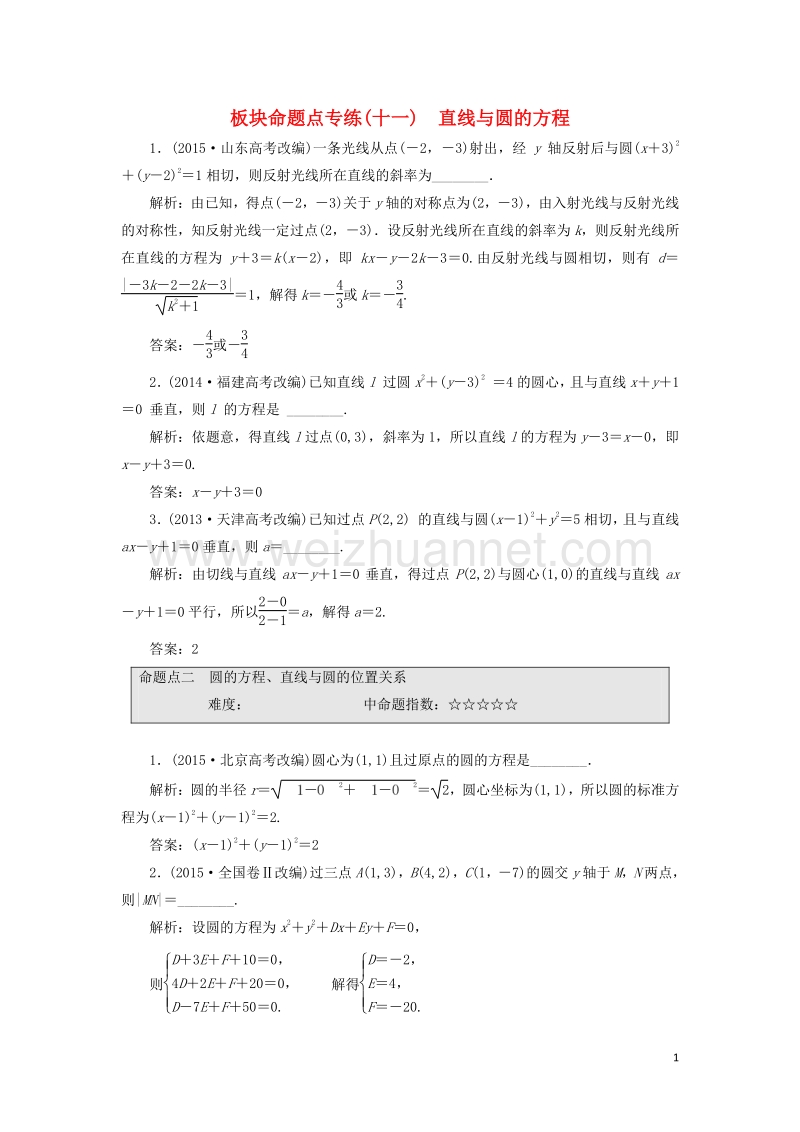 2017届高三数学一轮总复习板块命题点专练（十一）直线与圆的方程理.doc_第1页