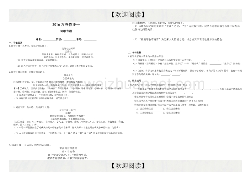 （衡水万卷）2016届高三语文二轮复习高考作业卷（解析）语文作业十 诗歌专题2 word版含解析.doc_第1页