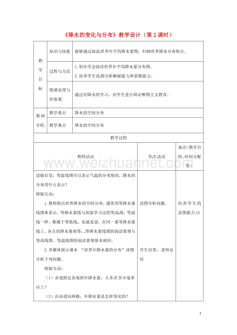 七年级地理上册 3.3 降水的变化与分布（第2课时）教学设计 （新版）新人教版.doc_第1页