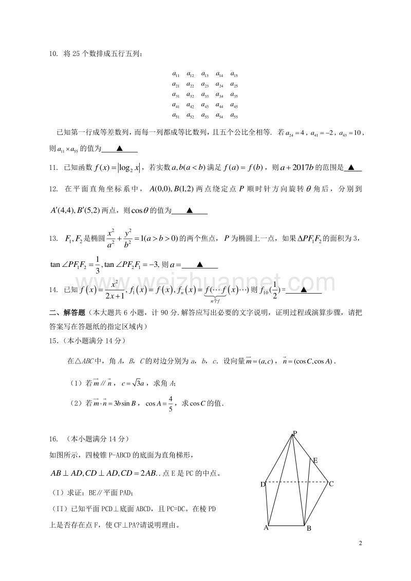 江苏省丹阳市2017届高三数学下学期期初考试试题.doc_第2页