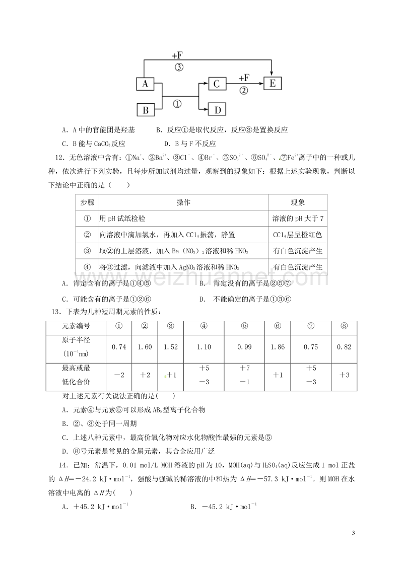 江西省上饶市鄱阳县第一中学2017届高三化学12月月考试题（无答案）.doc_第3页