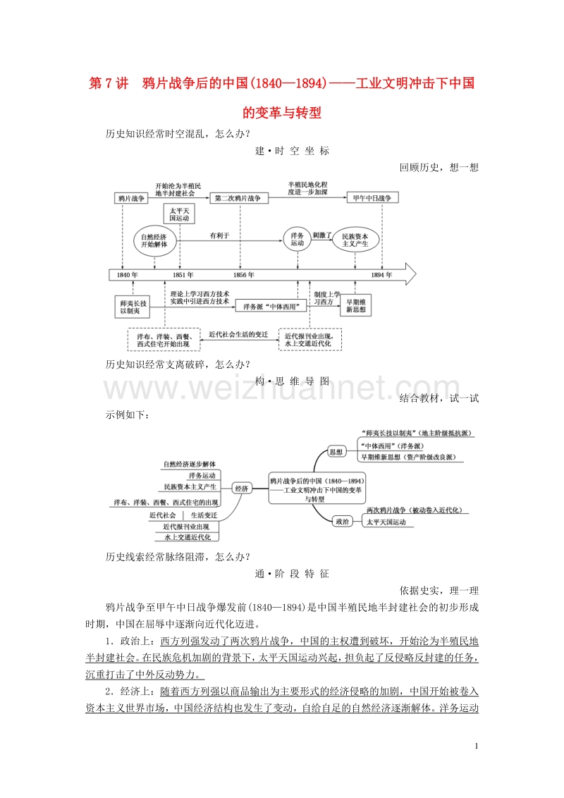 【赢在微点】2017届高三历史二轮复习 第一部分 近代篇 第7讲 鸦片战争后的中国(1840—1894)——工业文明冲击下中国的变革与转型讲案.doc_第1页