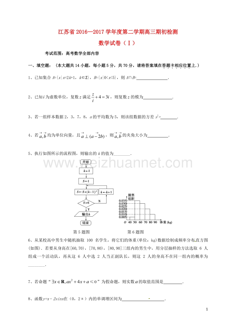 江苏省仪征县2017届高三数学下学期期初测试试题.doc_第1页