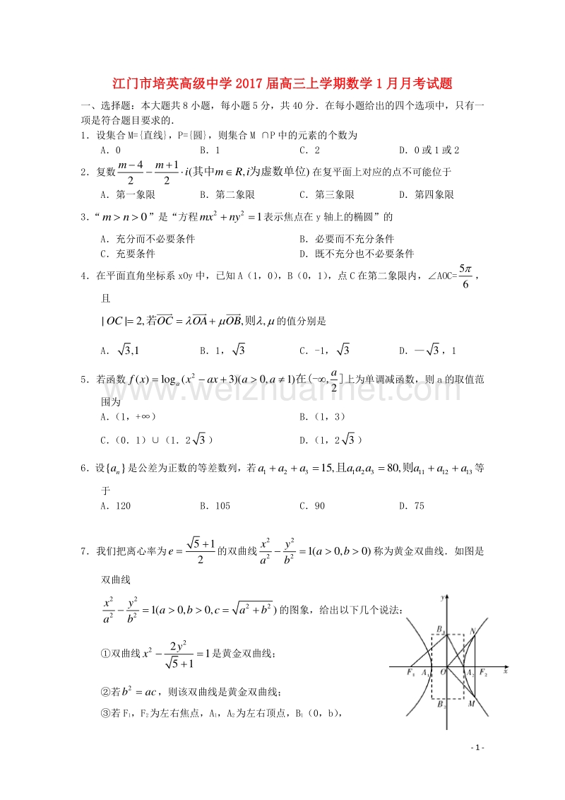 广东省江门市培英高级中学2017届高三数学上学期1月月考试题.doc_第1页