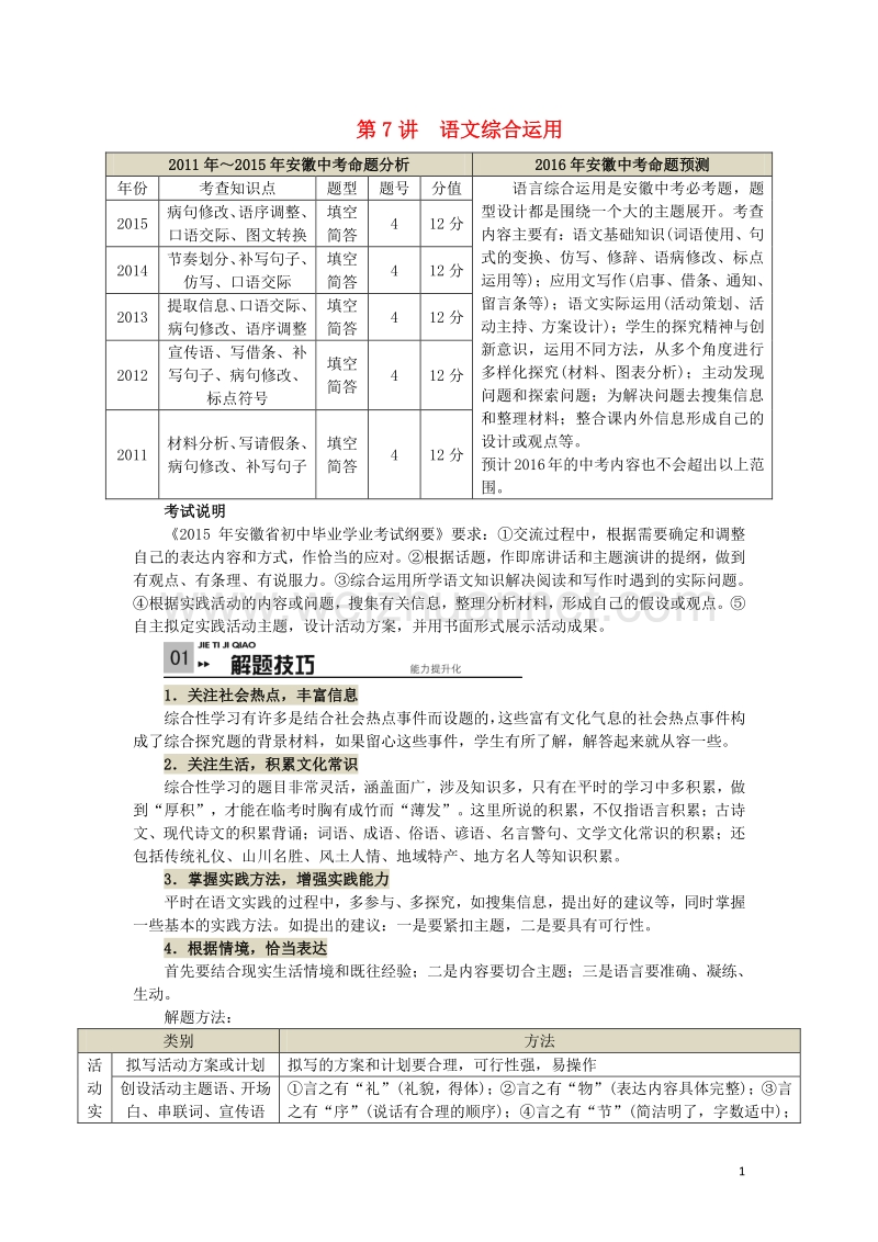 【掌控中考】（贵州专版）2017中考中考语文总复习 专项复习资料 第7讲 语文综合运用素材 新人教版.doc_第1页