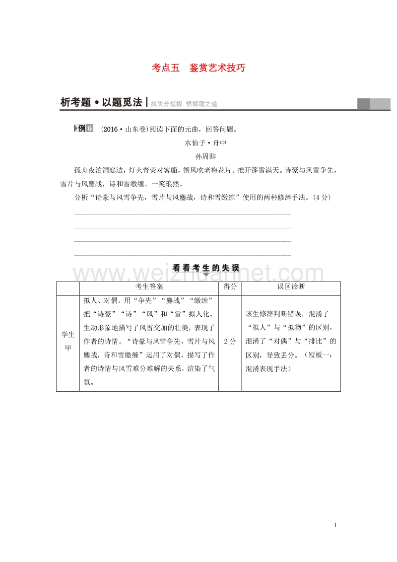 【课堂新坐标】（江苏专版）2017高考语文二轮复习与策略 高考第3大题 古诗词鉴赏 考点5 鉴赏艺术技巧.doc_第1页