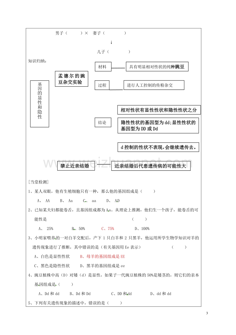 广东省台山市新宁中学八年级生物下册 第7单元 第2章 第3节《基因的显性和隐性》导学案（无答案） 新人教版.doc_第3页