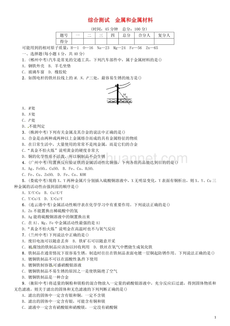 【名校课堂】2017年春九年级化学下册 第八单元 金属和金属材料综合测试 （新版）新人教版.doc_第1页