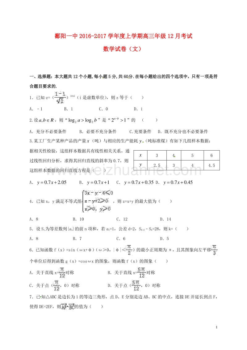 江西省上饶市鄱阳县第一中学2017届高三数学12月月考试题 文（无答案）.doc_第1页