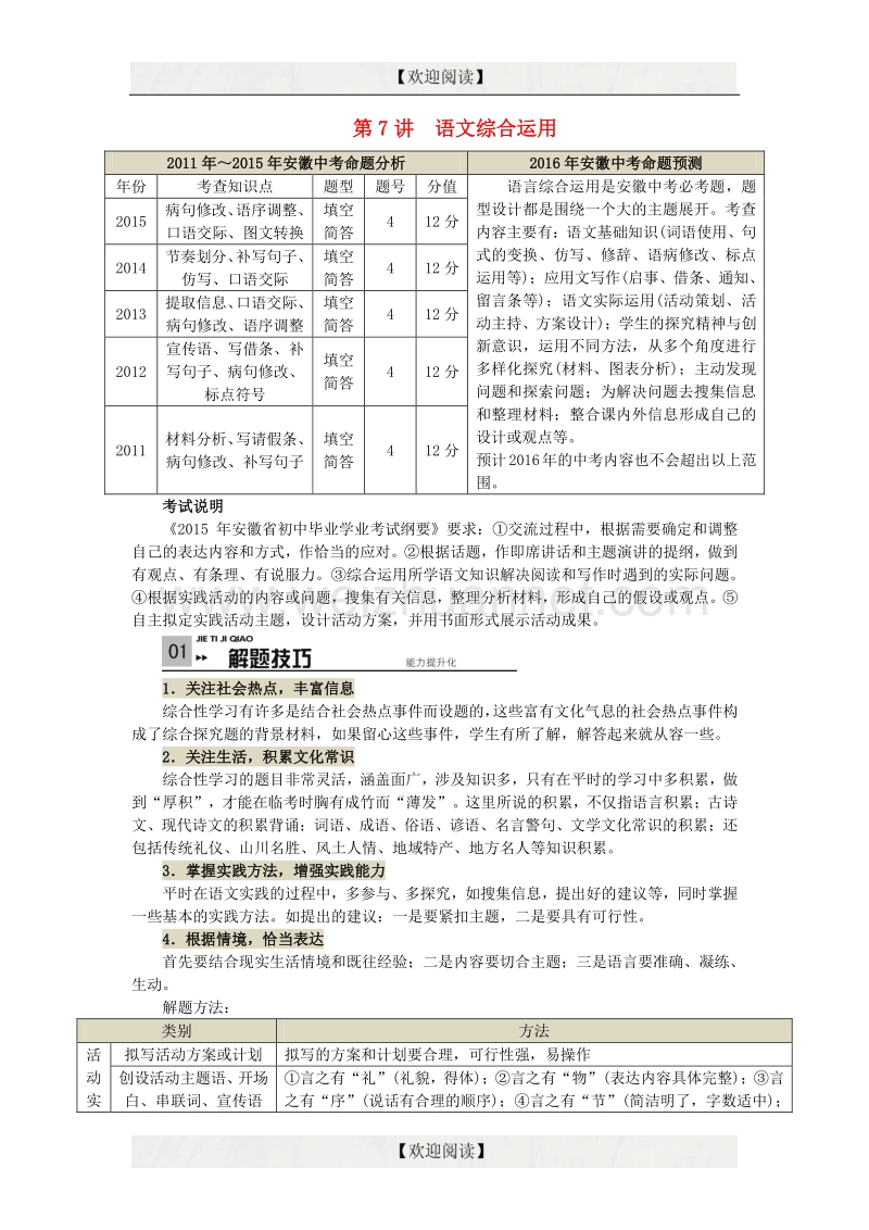 【掌控中考】2017中考中考语文总复习 专项复习资料 第7讲 语文综合运用素材 新人教版.doc_第1页