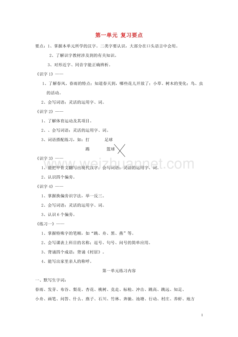 一年级语文下册 第1-8单元复习要点 苏教版.doc_第1页