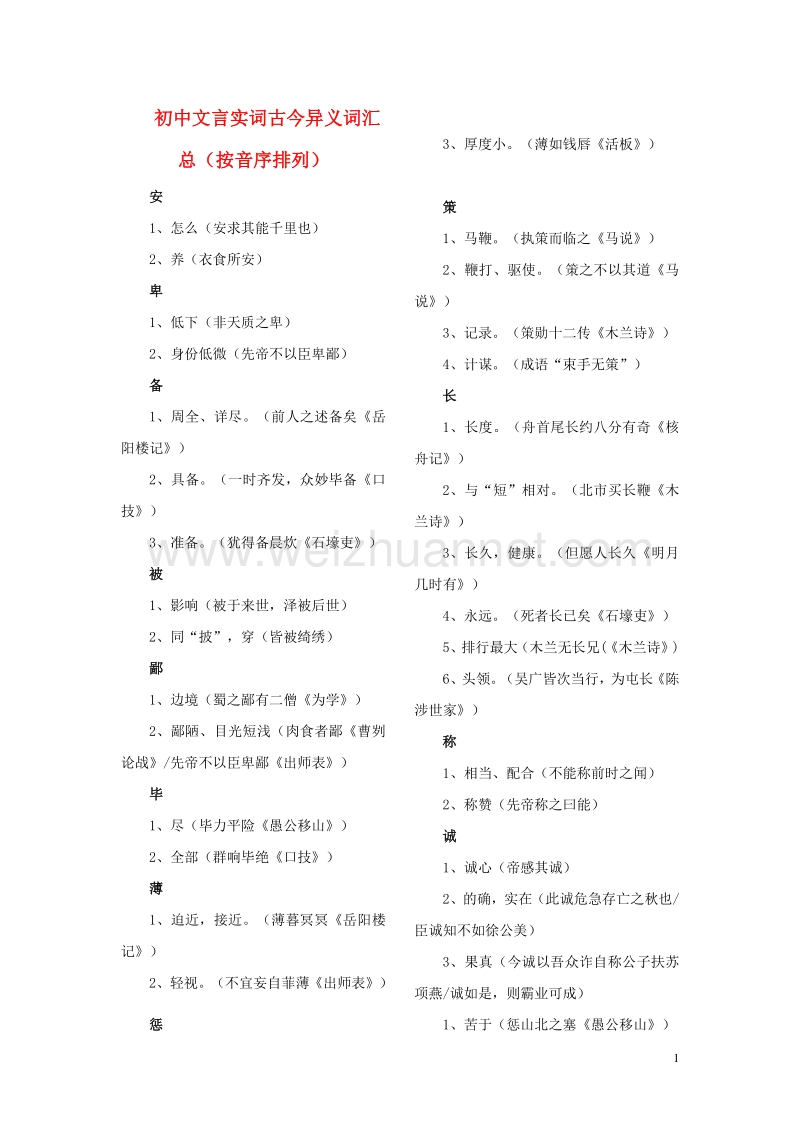 【掌控中考】（贵州专版）2017中考中考语文总复习 专项复习资料 全六册文言实词及古今异义汇总素材 新人教版.doc_第1页