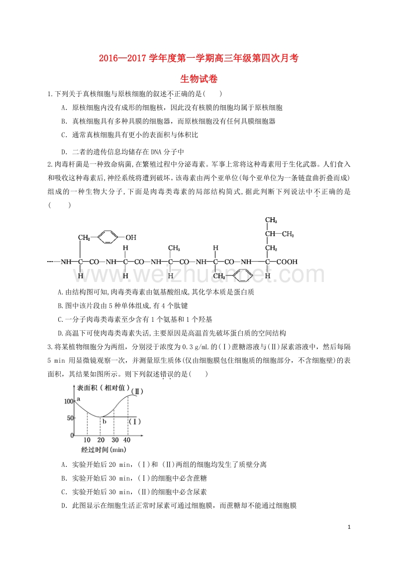 内蒙古准格尔旗世纪中学2017届高三生物上学期第四次月考试题（无答案）.doc_第1页