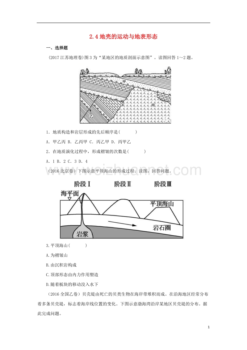 2018年高考地理二轮复习 2.4 地壳的运动与地表形态同步习题 新人教版.doc_第1页