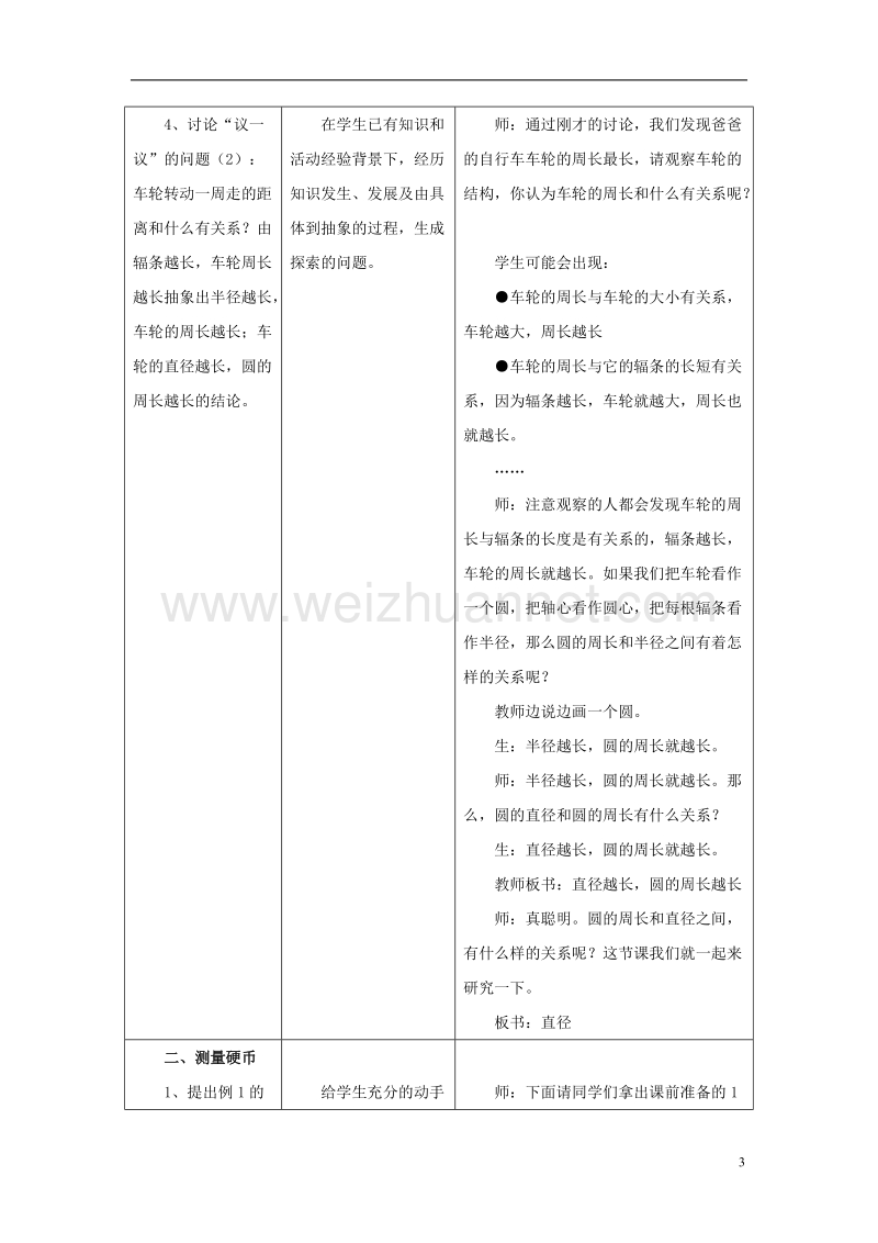 2016年六年级数学上册 第4单元 圆的周长和面积（圆的周长）教案1 冀教版.doc_第3页