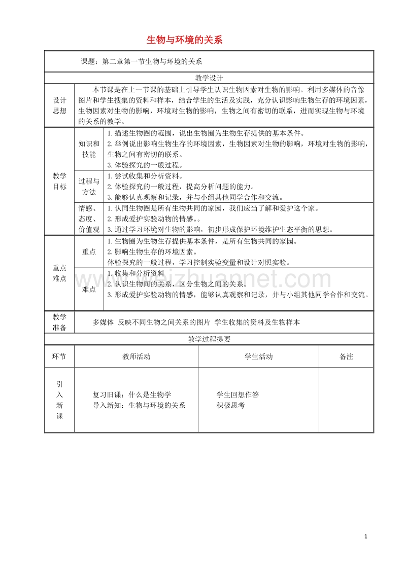 七年级生物上册1.2.1生物与环境的关系教案新版新人教版20170811249.doc_第1页