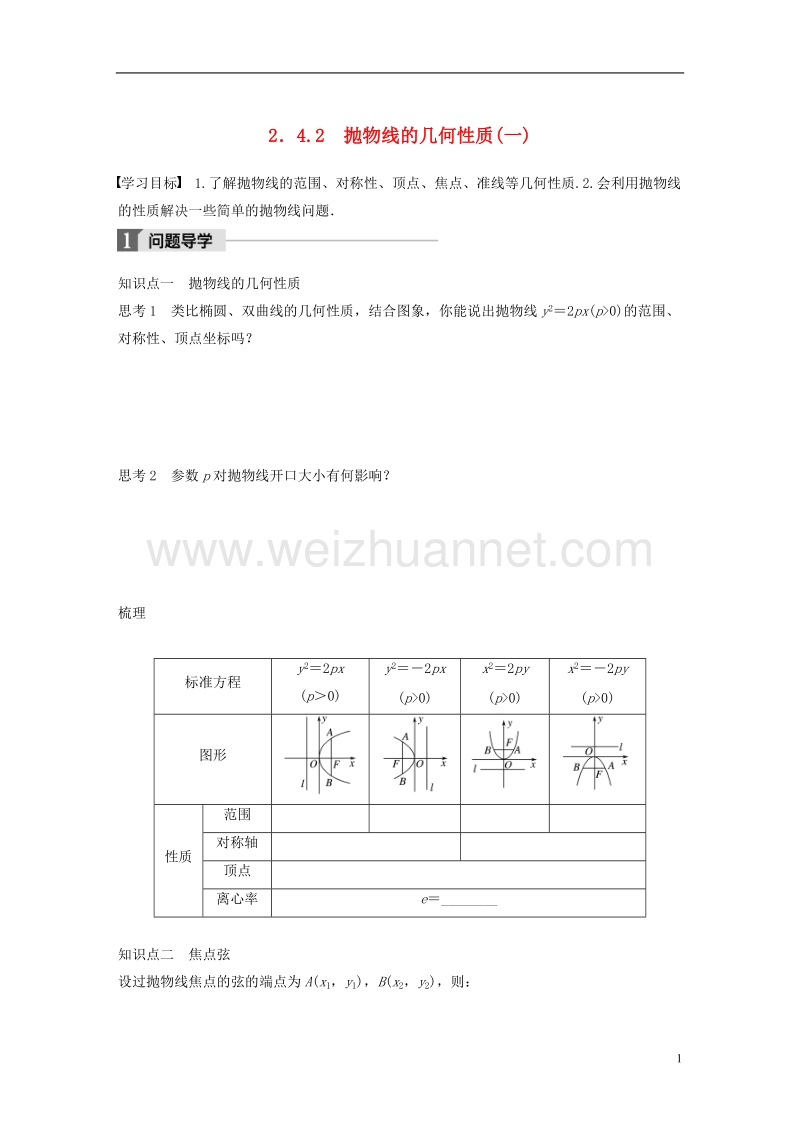 2018版高中数学 第二章 圆锥曲线与方程 2.4.2 抛物线的几何性质（一）学案 苏教版选修1-1.doc_第1页