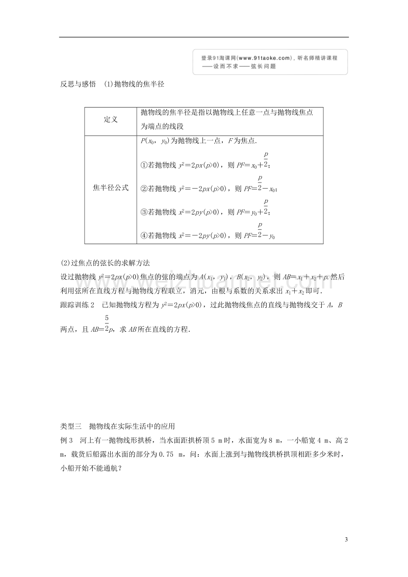 2018版高中数学 第二章 圆锥曲线与方程 2.4.2 抛物线的几何性质（一）学案 苏教版选修1-1.doc_第3页