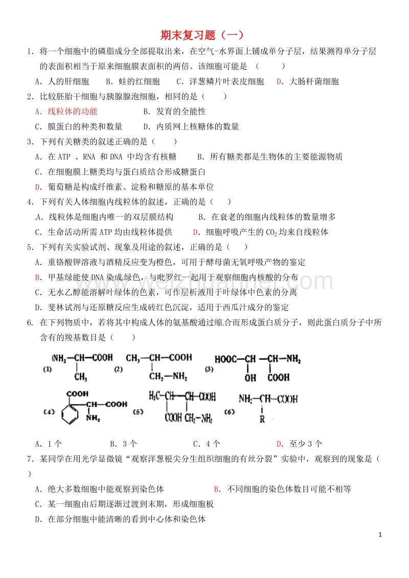 2017年山东省济南市高三生物期末复习题1.doc_第1页