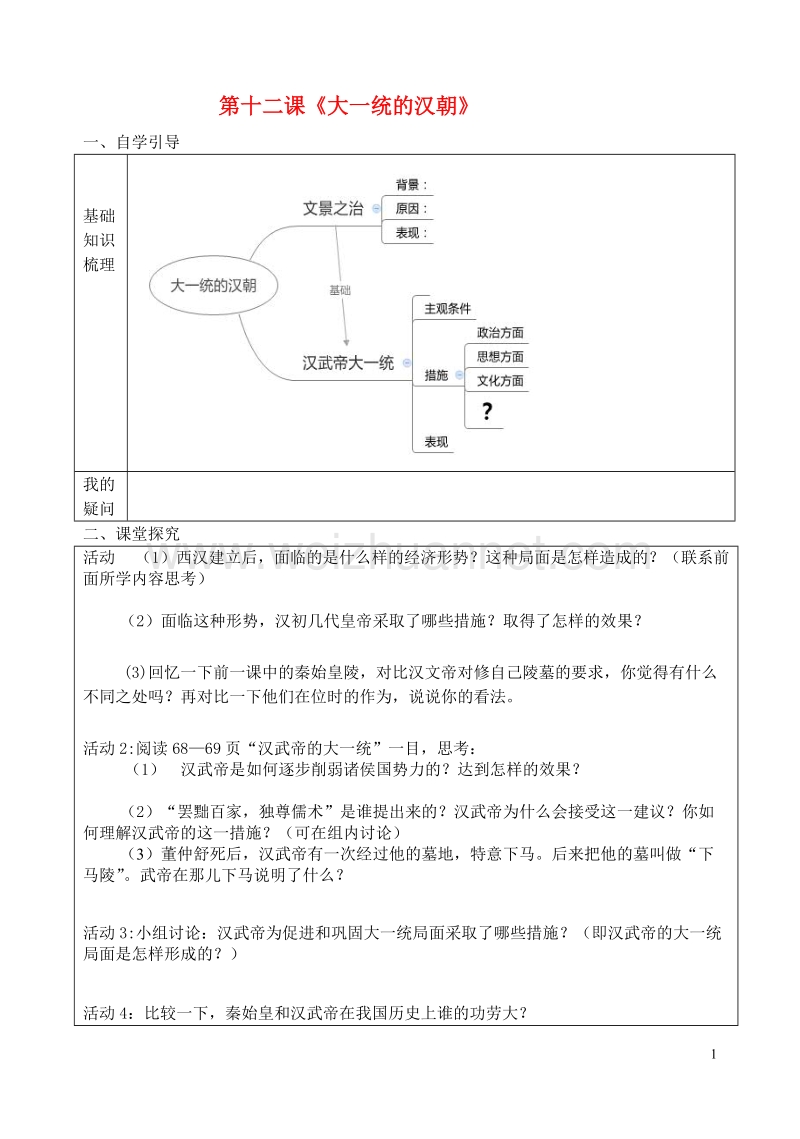 七年级历史上册第12课大一统的汉朝导学案无答案新人教版20170809255.doc_第1页