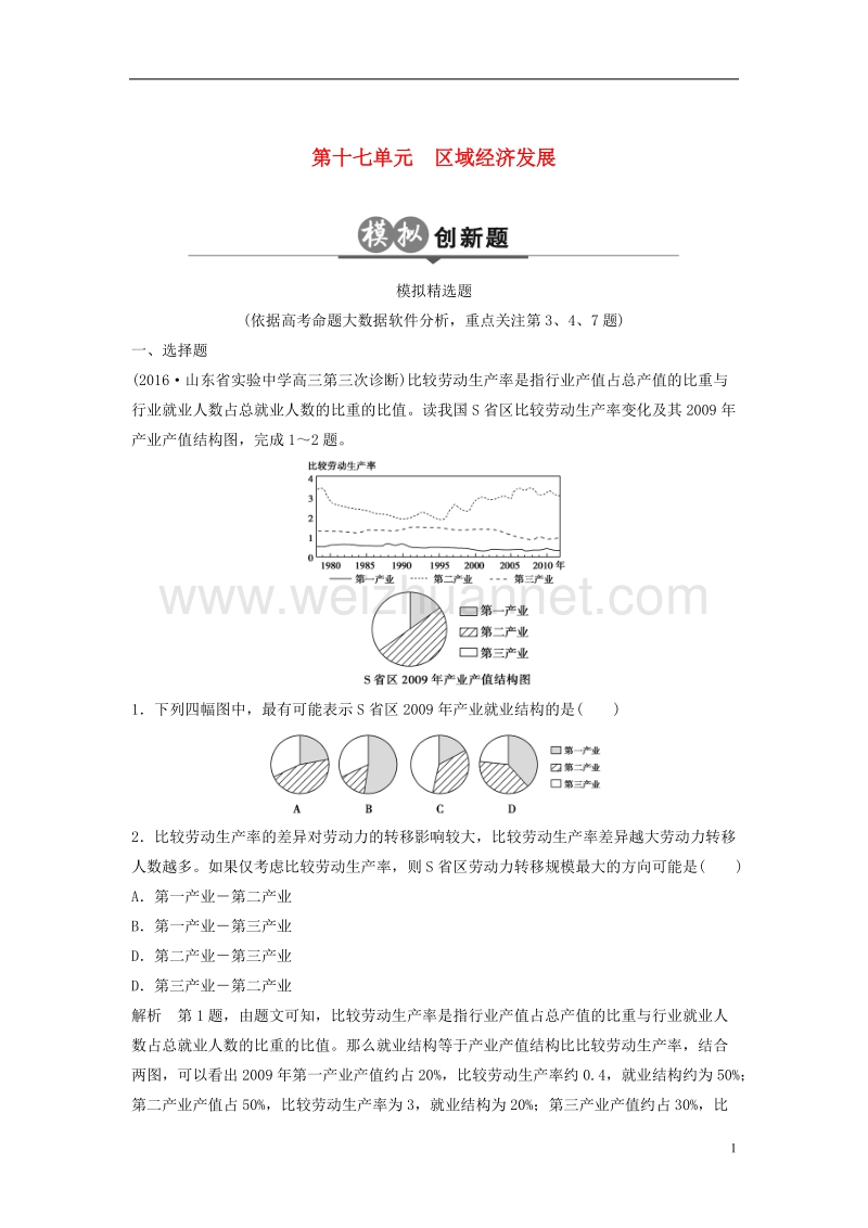 2018版高考地理二轮复习 第17单元 区域经济发展检测.doc_第1页