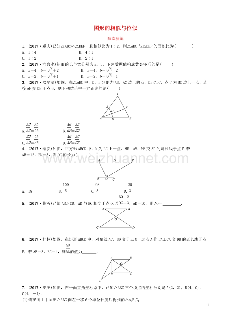 河北省2018年中考数学总复习 第七章 图形的变化 第三节 图形的相似与位似随堂演练.doc_第1页