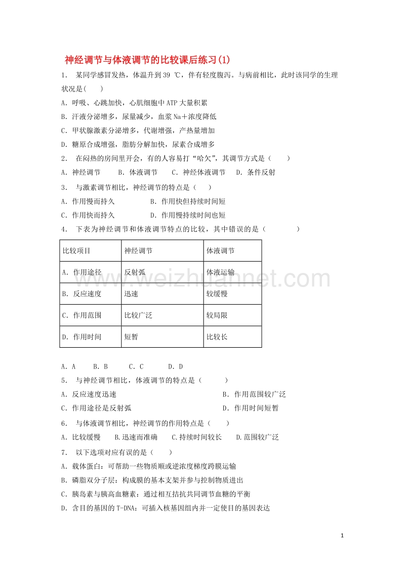 江苏省启东市2018届高考生物专项复习动物和人体生命活动的调节神经调节与体液调节的关系神经调节与体液调节的比较1练习苏教版20170823180.doc_第1页