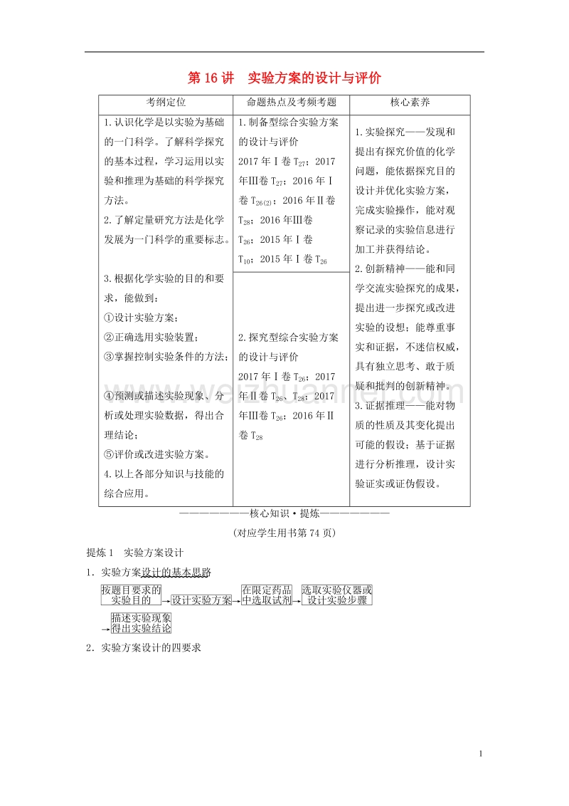 2018版高考化学二轮复习 专题4 化学实验 第16讲 实验方案的设计与评价学案.doc_第1页