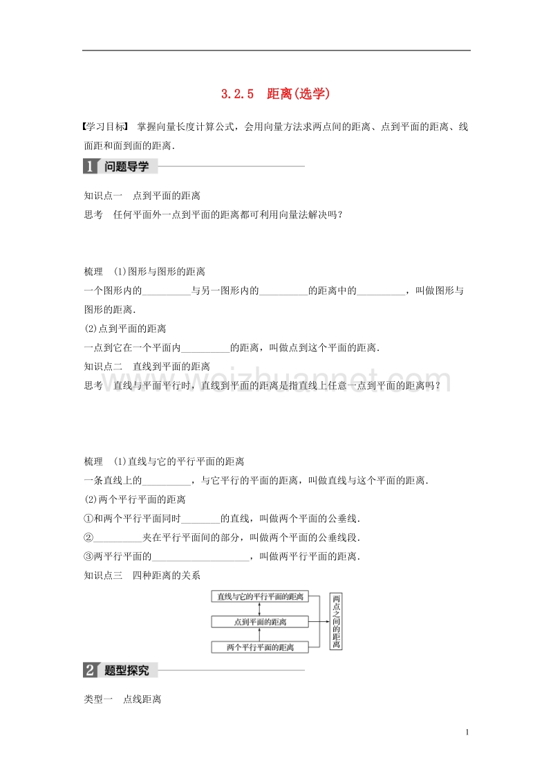 2018版高中数学 第三章 空间向量与立体几何 3.2.5 距离（选学）学案 新人教b版选修2-1.doc_第1页