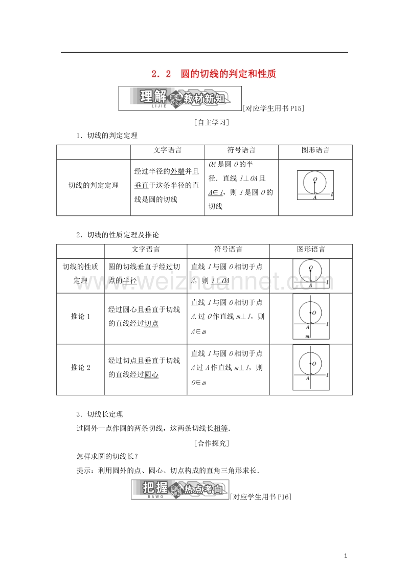 2017_2018学年高中数学第一章直线多边形圆2.2圆的切线的判定和性质学案北师大版选修.doc_第1页